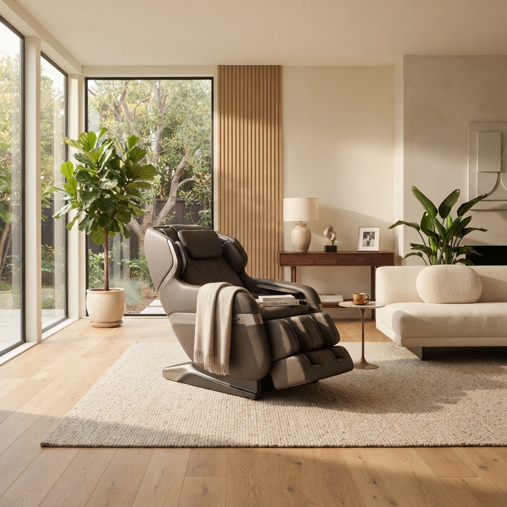Premium massage chair in a bright, serene living room